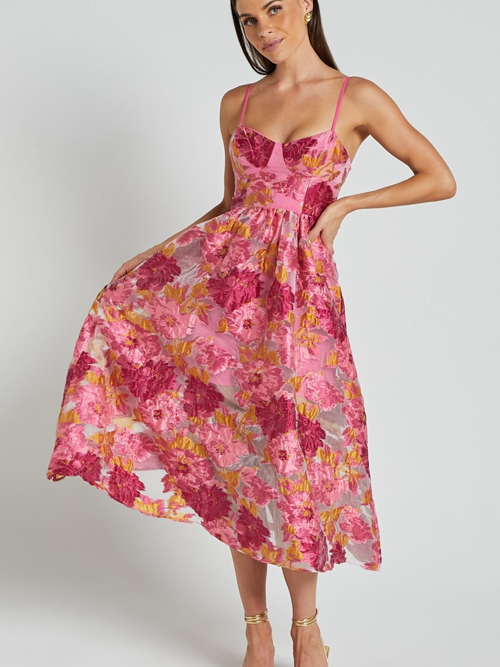Showpo Pink Floral Midi Dress with Yellow Accents